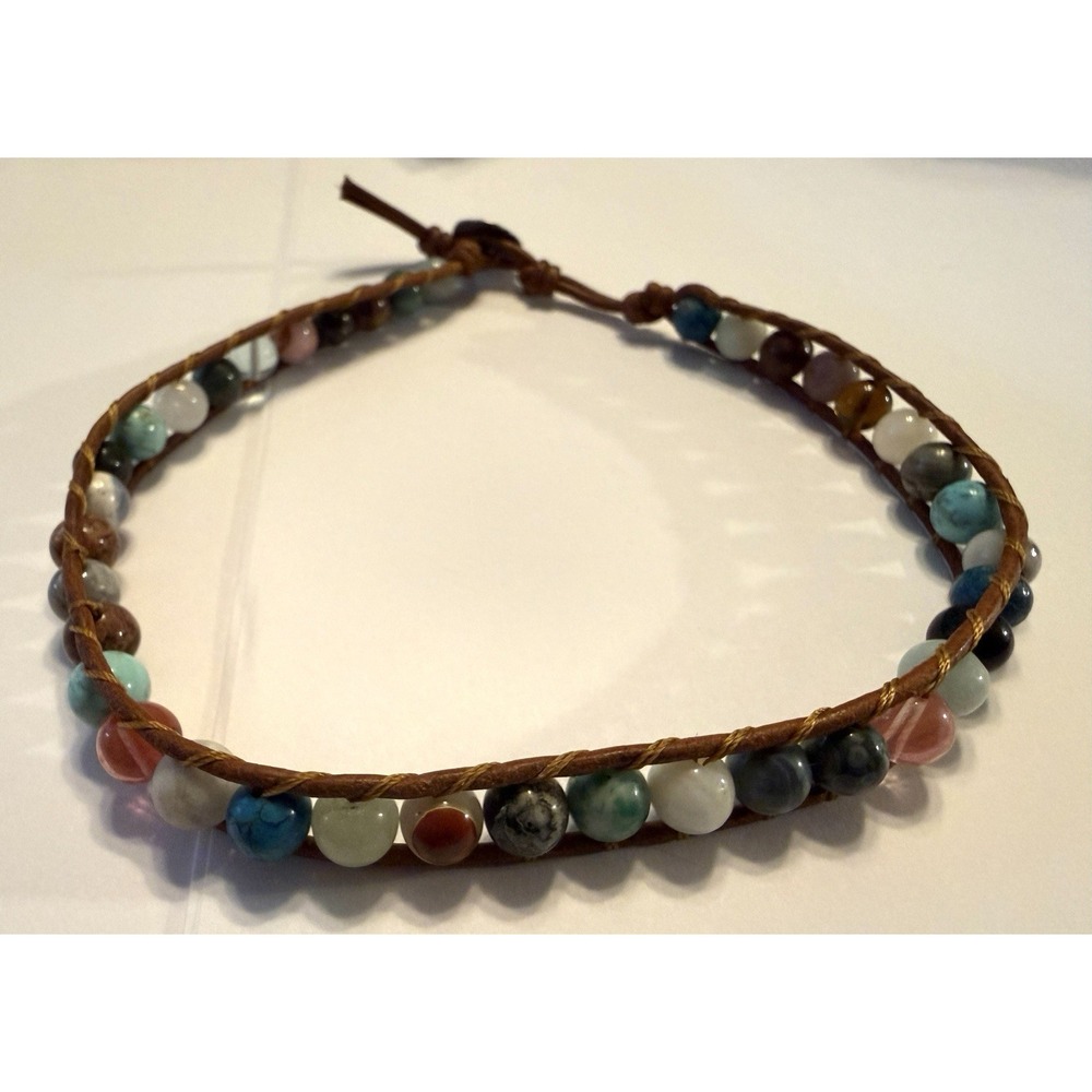 Handmade Artisan Leather And Semi-Precious Stone Beaded Wrap Bracelet Or Choker